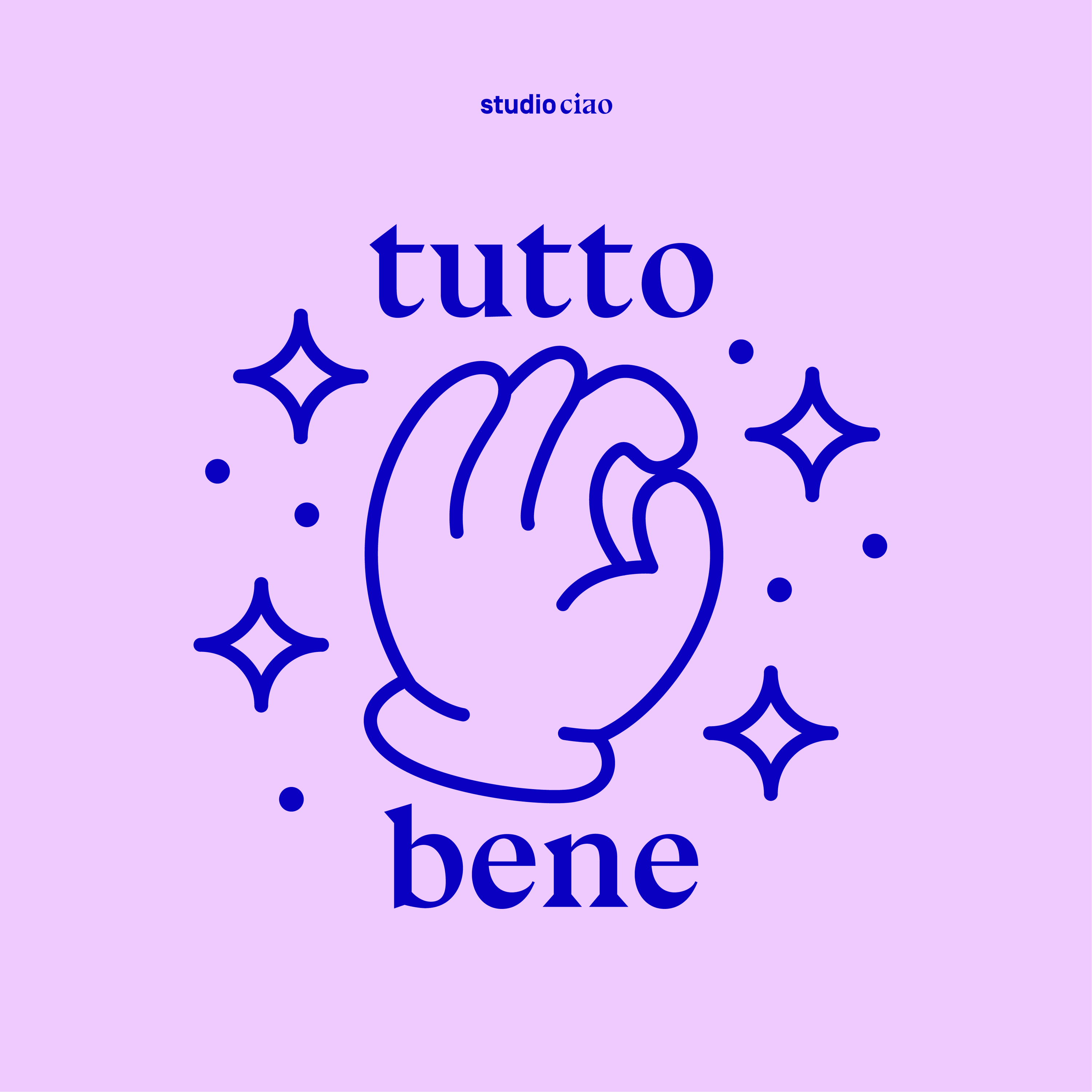 tutto bene Grafik auf lilanem Hintergrund.